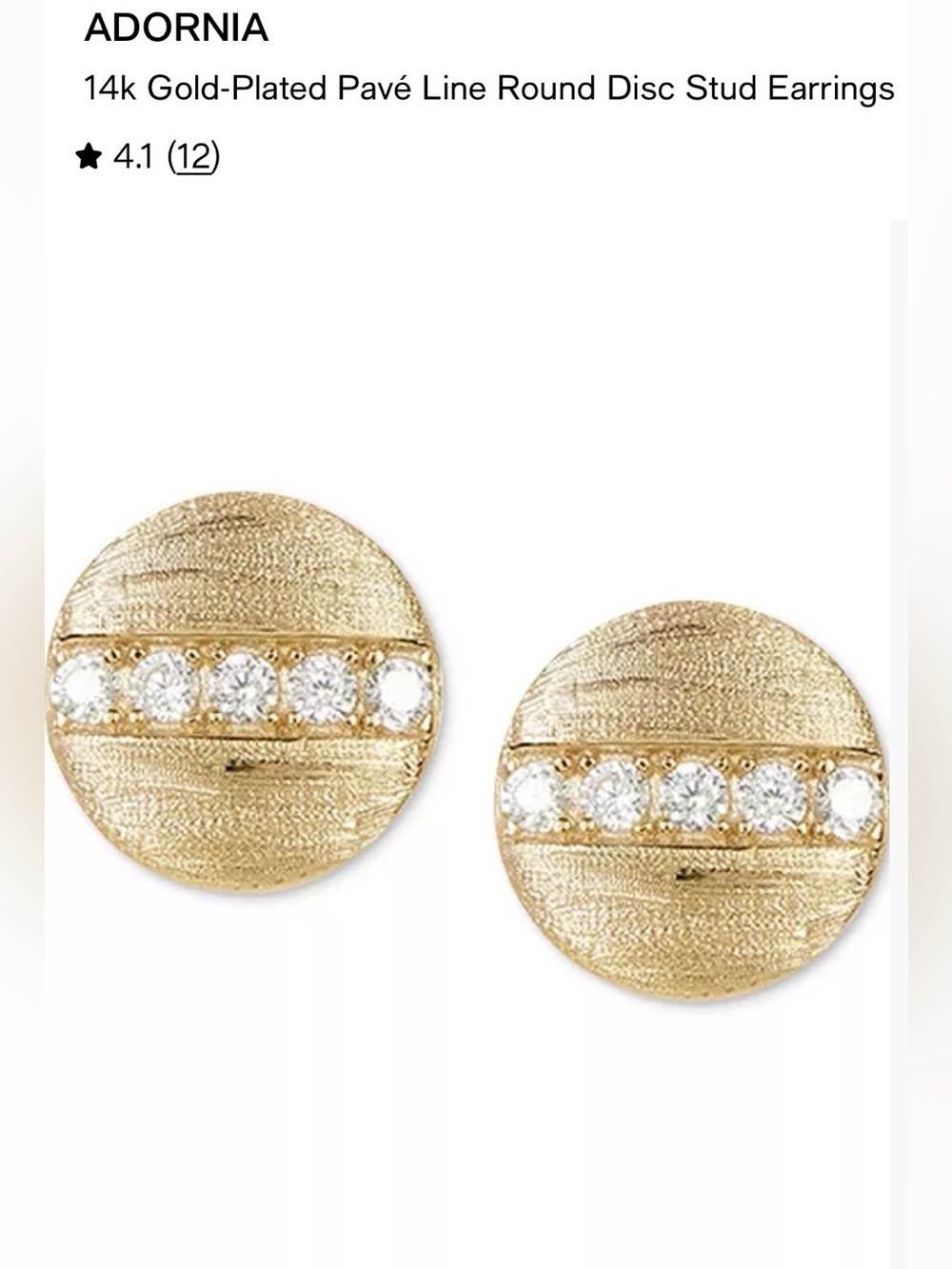 Adornia 14k Gold-Plated Pavé Line Round Disc Stud Earrings - Gold -NWOT